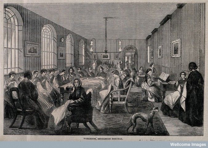 V0013741 The Hospital of Bethlem [Bedlam], St. George's Fields, Lambe Credit: Wellcome Library, London. Wellcome Images images@wellcome.ac.uk http://wellcomeimages.org The Hospital of Bethlem [Bedlam], St. George's Fields, Lambeth: the female workroom. Wood engraving probably by F. Vizetelly after F. Palmer, 1860. 1860 By: F. Palmerafter: Frederick VizetellyPublished: - Copyrighted work available under Creative Commons Attribution only licence CC BY 4.0 http://creativecommons.org/licenses/by/4.0/